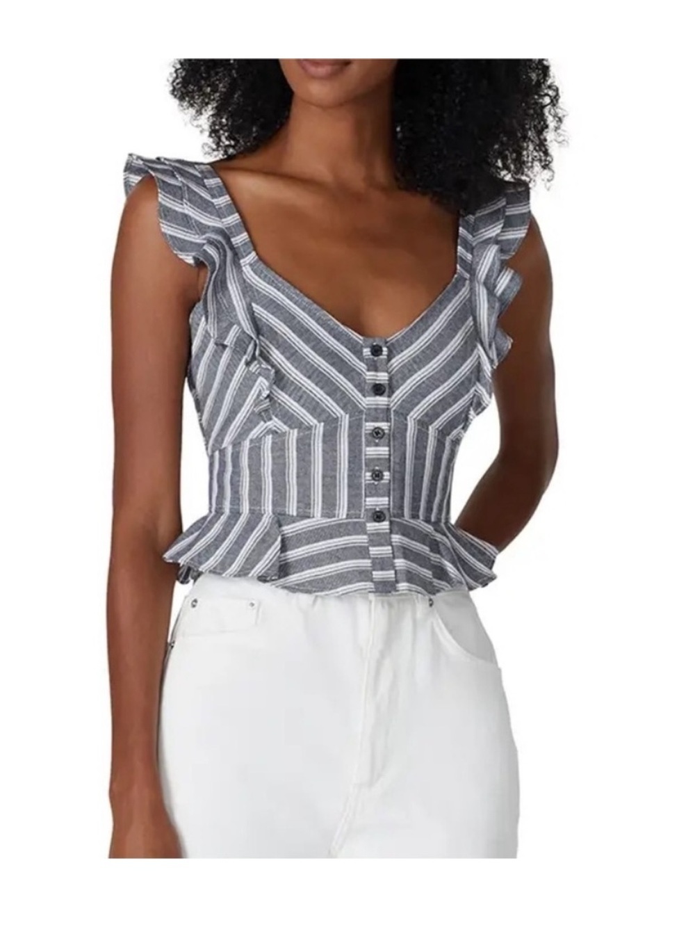 Marissa Webb Collective Blue Stripe Crop Top Linen Blend